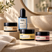 Complete Face Routine: Purify, Renew, Protect and Nourish on a warm stone vanity