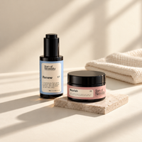 Glow Duo: Renew 30ml serum and Nourish 30g balm on a sunlit ivory tabletop