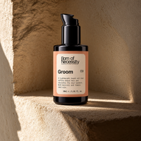 Born of Necessity Groom beard oil in a sunlit stone alcove.