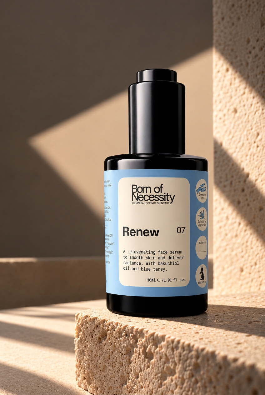 Close-up of Renew face serum’s blue and cream front label on a black pump bottle.