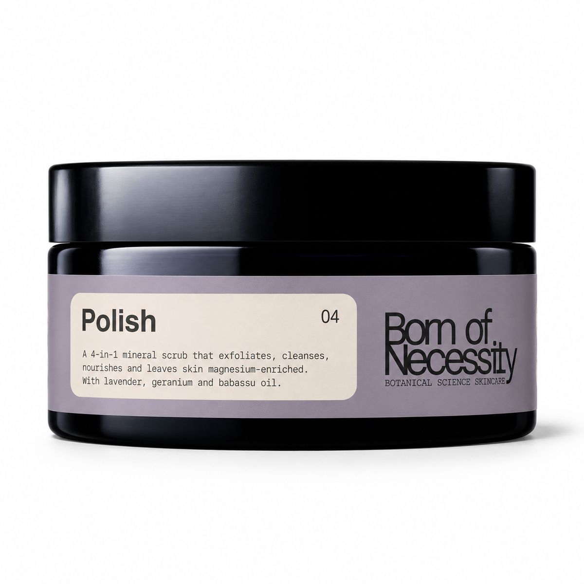 Polish 200g lavender and geranium mineral scrub in a lavender-labelled black jar