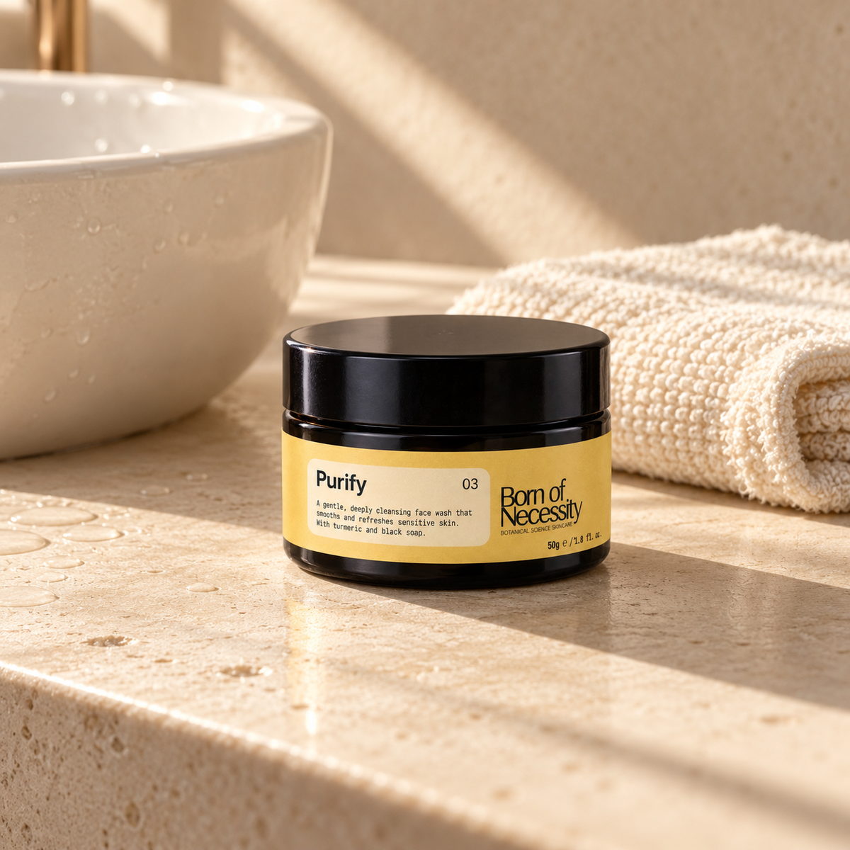 Purify face wash beside an ivory washbasin and folded face cloth
