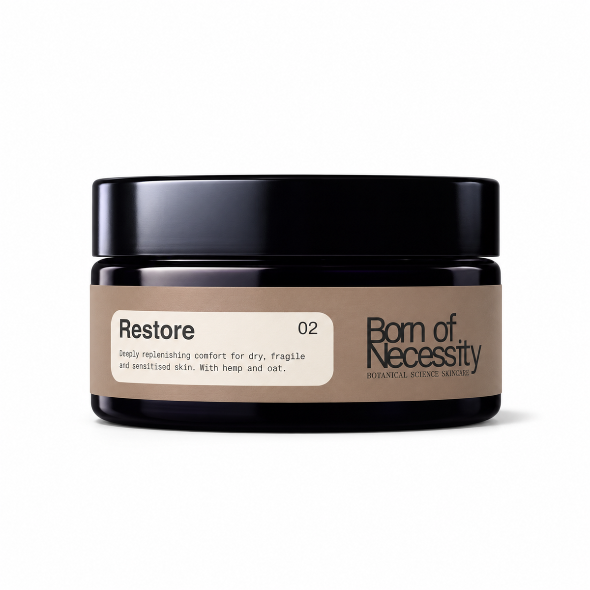 Restore 02 hemp and oat balm in a taupe-labelled black jar
